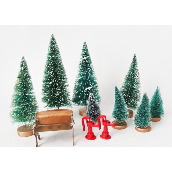 8 Vintage Bottle Brush Christmas Trees With Wood Base Miniature Copper Bench 2 M - Picture 2 of 10